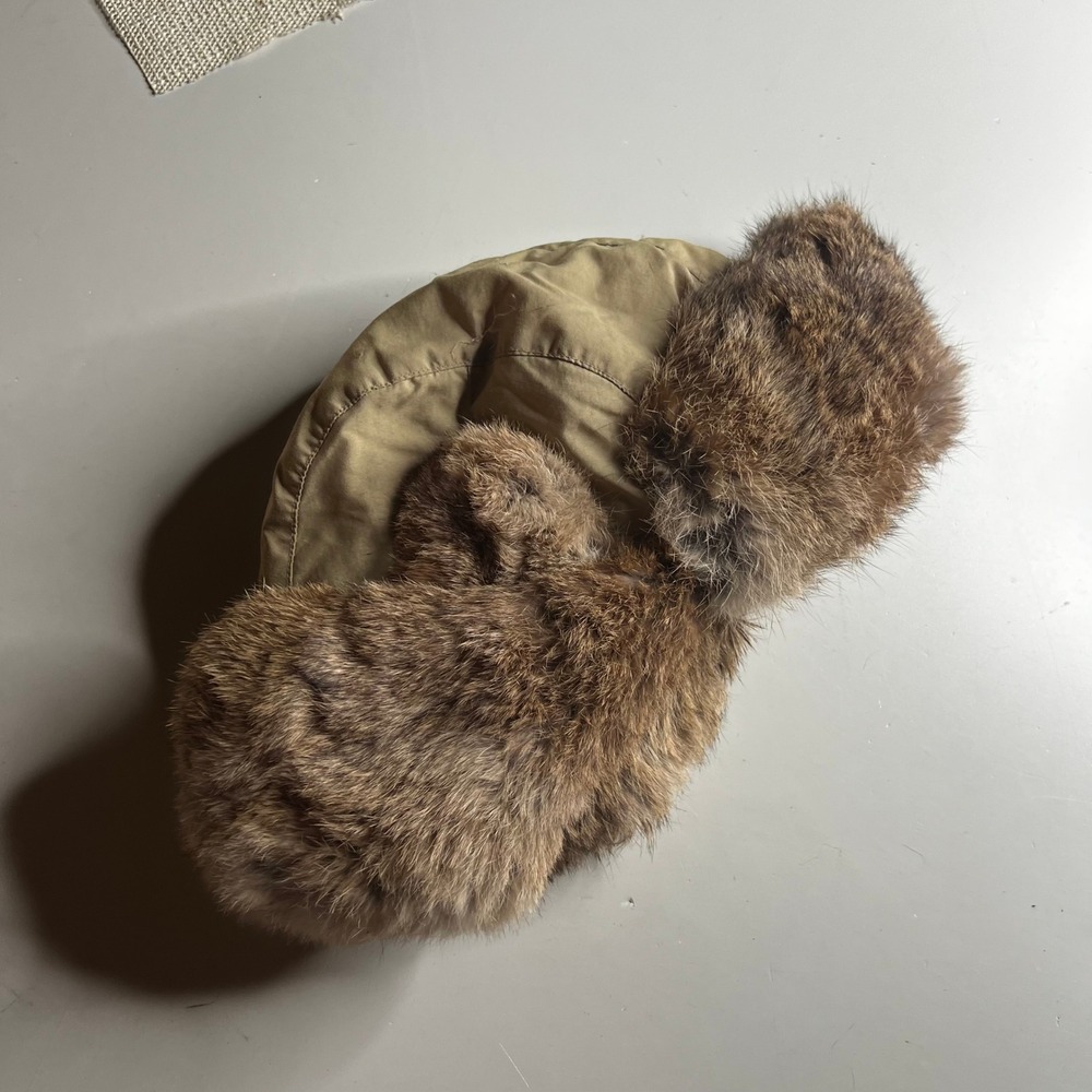 Vintage Mad Bomber Trapper Hat Tan Canvas Natural Rabbit Fur Aviator XL RN42000